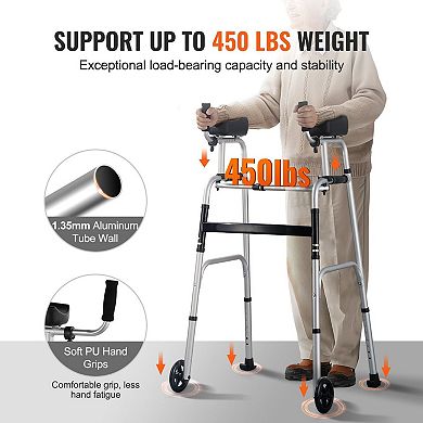 Folding Walker for Adults with 7-Level Height, Adjustable Armrests, and Front Wheels