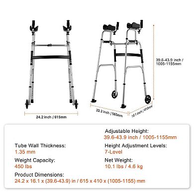 Folding Walker for Adults with 7-Level Height, Adjustable Armrests, and Front Wheels