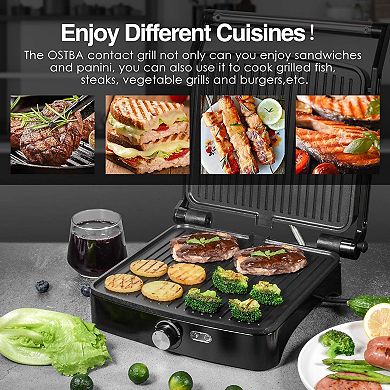 OSTBA Panini Press Grill,4-Slice Indoor Grill, 180° Open Sandwich Maker with Drip Tray