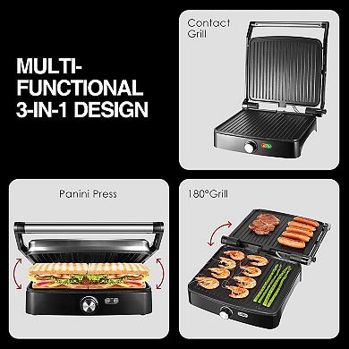 OSTBA Panini Press Grill,4-Slice Indoor Grill, 180° Open Sandwich Maker with Drip Tray
