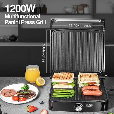OSTBA Panini Press Grill,4-Slice Indoor Grill, 180° Open Sandwich Maker with Drip Tray