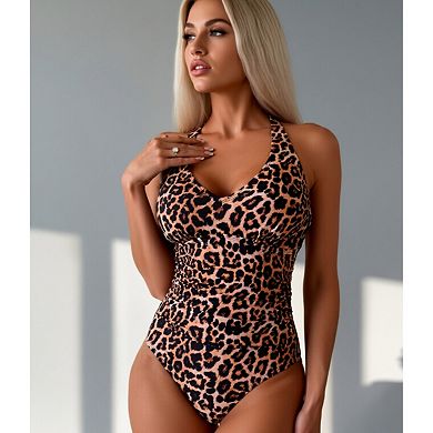 Women's Leopard Print Halter One Piece Swimsuit Ruched Tummy Control Crisscross Back Bathing Suit
