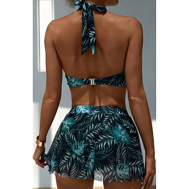Women's Tropical Leaf Print Halter Bikini Set with Skirt Bottom Two Piece Swimsuit