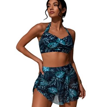 Women's Two Piece Halter Bikini Set with Tropical Print Skirt Cover Up High Waisted Swimwear