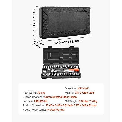 39-Piece Socket and Ratchet Set with Chrome Finish and Storage Case