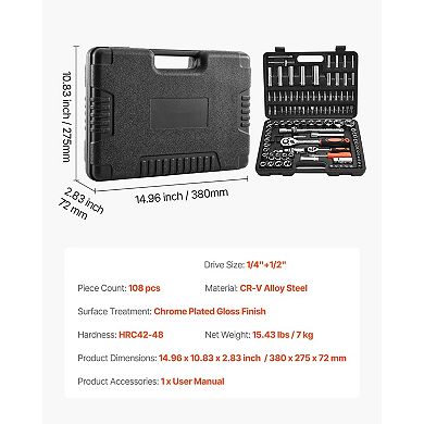 CR-V 1/2-Inch Socket and Ratchet Set 6-Point Tool Kit for Automotive and DIY