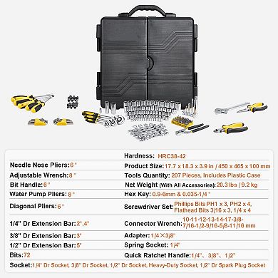 Mechanics Tool Set 207 Pieces, SAE and Metric Sockets with Ratchets and Case