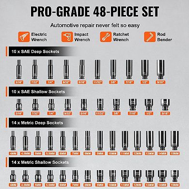 Alloy Steel Impact Socket Set 48-Piece with Metal Toolbox for Automotive Tools
