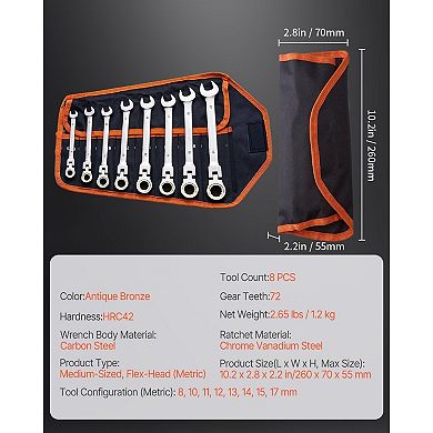 8-Piece Flex Head Ratcheting Wrench Set Metric 817 mm with Storage Bag