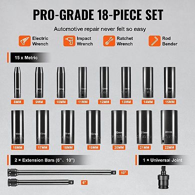 18-Piece Impact Socket Tool Set with Extension Bars for Workshop Use