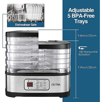 OSTBA Food Dehydrator, 5 BPA-Free Trays, Adjustable Temp & 72H Timer, LED Display