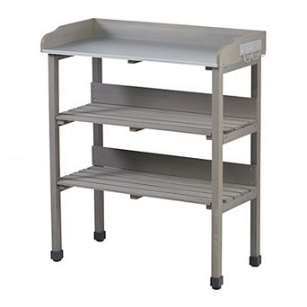 Solid Wood Potting Table with Metal Tabletop 3 tier Workbench with Hooks