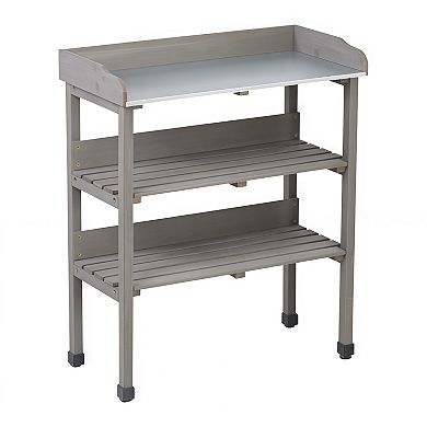 Solid Wood Potting Table with Metal Tabletop 3 Tier Workbench with Hooks