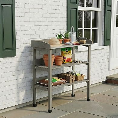 Solid Wood Potting Table with Metal Tabletop 3 Tier Workbench with Hooks
