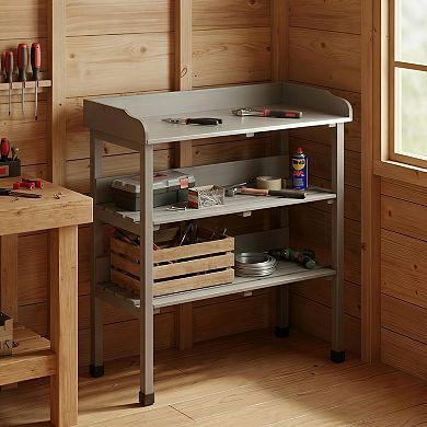 Solid Wood Potting Table with Metal Tabletop 3 Tier Workbench with Hooks