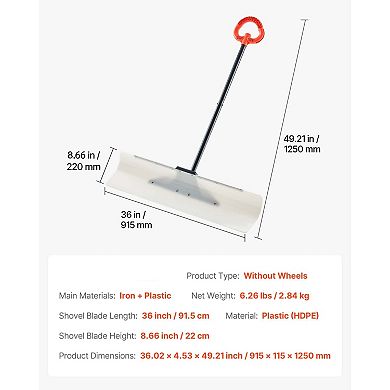 Reversible Snow Pusher Shovel, 36" Blade for Driveways and Decks