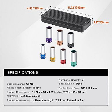 Lug Nut Impact Socket Set 7-Piece Metric 1727mm with Case