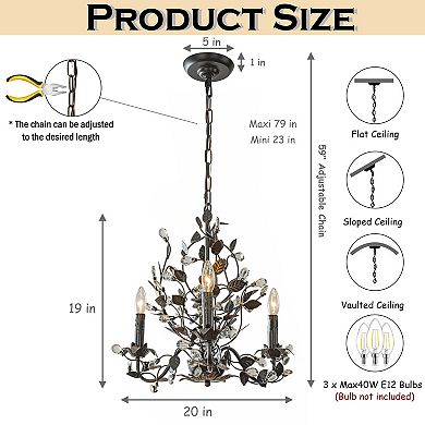 Contemporary 3-Light Dark Bronze Leaf Chandelier Elegant Interior Lighting With Crystal Accents For