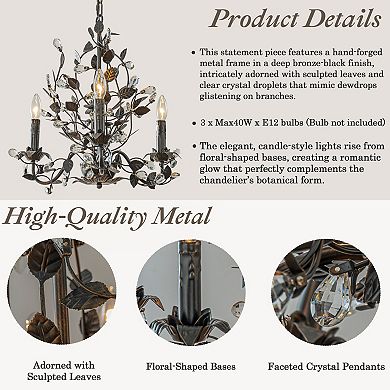 Contemporary 3-Light Dark Bronze Leaf Chandelier Elegant Interior Lighting With Crystal Accents For