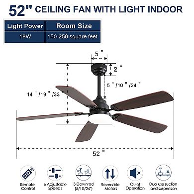 52" Ceiling Fan With 6 Speed Wind 5 Blades Remote Control Reversible DC Motor With LED Light