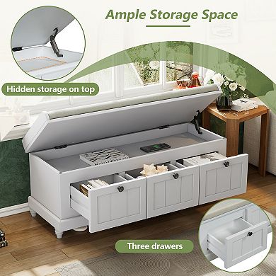 Classic Shoe Bench Cabinet with Cushion and Three Drawers