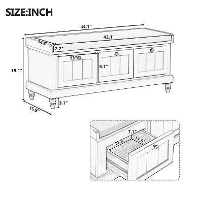 Classic Shoe Bench Cabinet with Cushion and Three Drawers