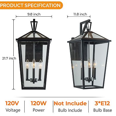 H22" 3-Light Classic Large Outdoor Wall Lantern Matte Black Exterior Wall Sconce with Clear Tempered