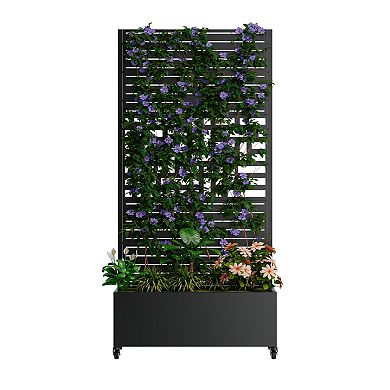 WOW PIONEER Portable Metal Planter Box with Trellis and Lockable Wheels