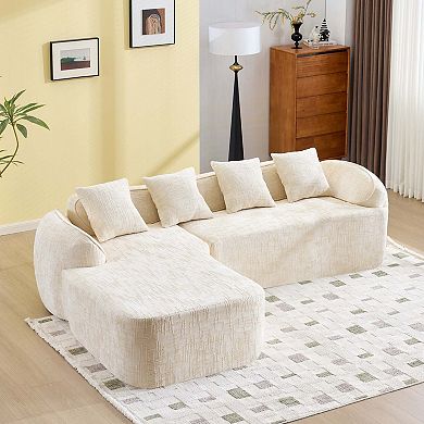 Chenille L-Shaped Compressed Sofa. High-Elastic Sponge, Curved Armrests And Four Throw Pillows