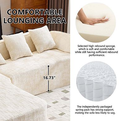 Chenille L-Shaped Compressed Sofa. High-Elastic Sponge, Curved Armrests And Four Throw Pillows