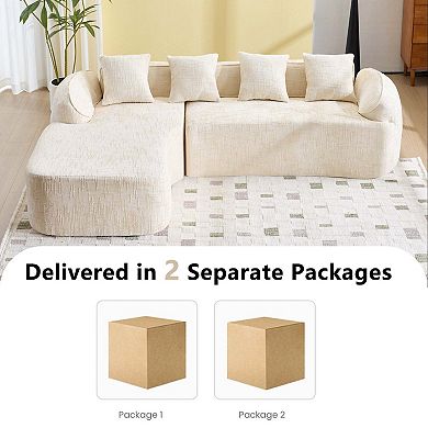 Chenille L-Shaped Compressed Sofa. High-Elastic Sponge, Curved Armrests And Four Throw Pillows