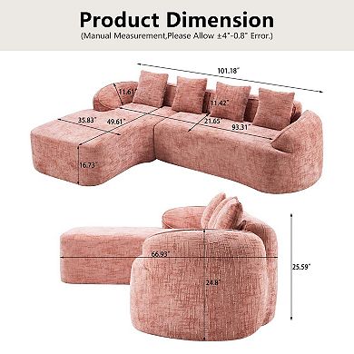 Chenille L-Shaped Compressed Sofa. High-Elastic Sponge, Curved Armrests And Four Throw Pillows