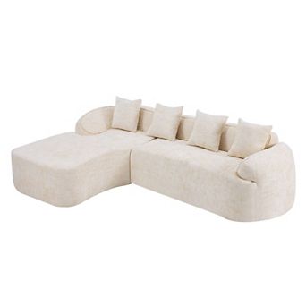 Chenille L-Shaped Compressed Sofa. High-Elastic Sponge, Curved Armrests And Four Throw Pillows