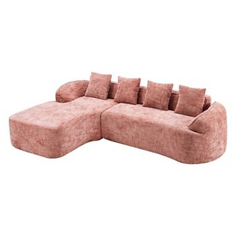 Chenille L-Shaped Compressed Sofa. High-Elastic Sponge, Curved Armrests And Four Throw Pillows