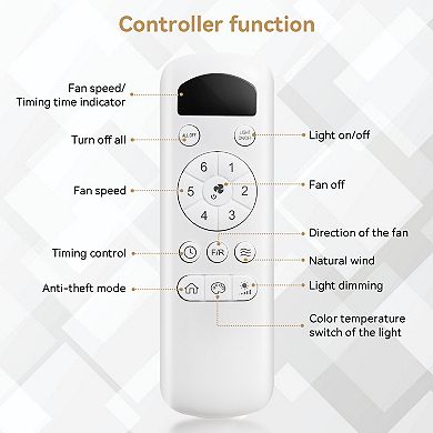 52 Inch Lighted Ceiling Fan With 3 Color Dimmable 5 ABS Blades Remote Control