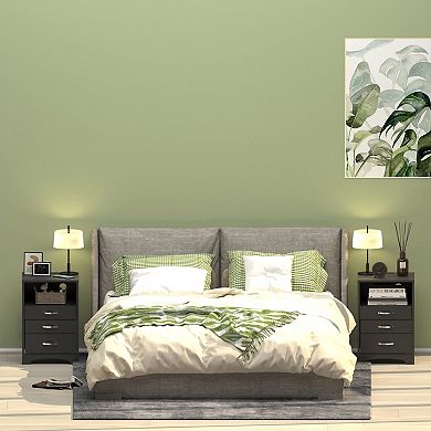 Nightstand Set of 2 with Charging Station, Modern 3-Drawer Wooden End Side Table, Bedside Table