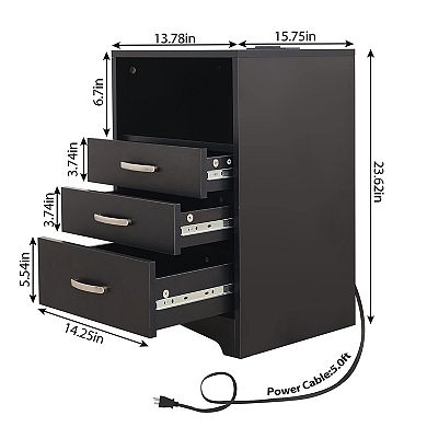 Nightstand Set of 2 with Charging Station, Modern 3-Drawer Wooden End Side Table, Bedside Table