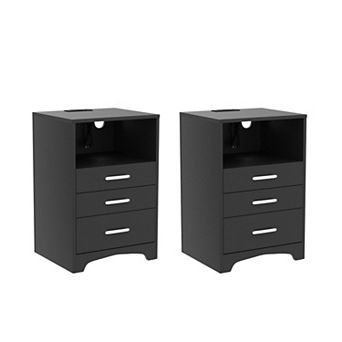 Nightstand Set of 2 with Charging Station, Modern 3-Drawer Wooden End Side Table, Bedside Table