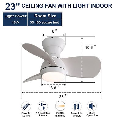 23 Inches Ceiling Fan With 3 Color Dimmable 3 ABS Blades Remote Control DC Motor With 18W LED Light