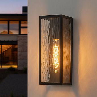 H13" 1-Light Modern Black Outdoor Wall Sconce with Water Ripple Glass and Dusk to Dawn Sensor Open B