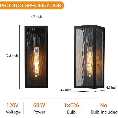 H13" 1-Light Modern Black Outdoor Wall Sconce with Water Ripple Glass and Dusk to Dawn Sensor Open B