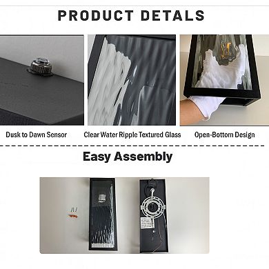 H13" 1-Light Modern Black Outdoor Wall Sconce with Water Ripple Glass and Dusk to Dawn Sensor Open B