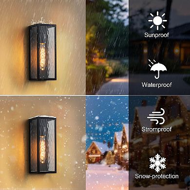 H13" 1-Light Modern Black Outdoor Wall Sconce with Water Ripple Glass and Dusk to Dawn Sensor Open B