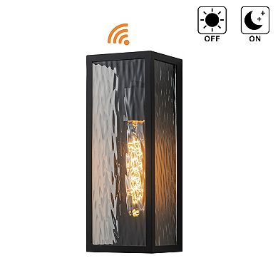 H13" 1-Light Modern Black Outdoor Wall Sconce with Water Ripple Glass and Dusk to Dawn Sensor Open B