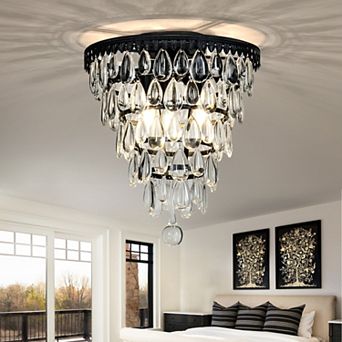 Interior 3-Lights Antique Matt Black Teardrop Glass Flush Mount 12" Tiered Ceiling light