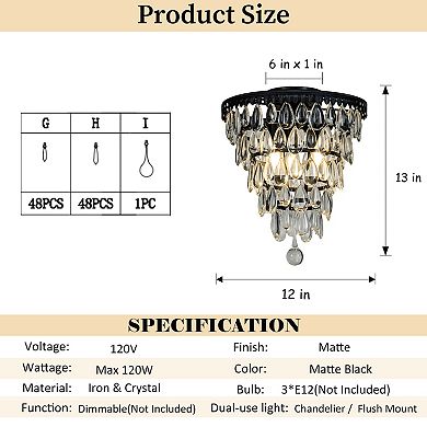 Interior 3-Lights Antique Matt Black Teardrop Glass Flush Mount 12" Tiered Ceiling light