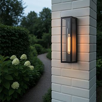 H18" 1-Light Modern Minimalist Black Outdoor Wall Lantern with Clear Glass Dusk to Dawn Outdoor Exte