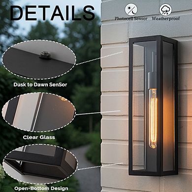 H18" 1-Light Modern Minimalist Black Outdoor Wall Lantern with Clear Glass Dusk to Dawn