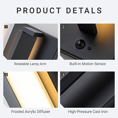 H15" Modern Motion Sensor Outdoor Wall Light 23W Integrated LED Wall Sconce Matte Black Iron Exterio