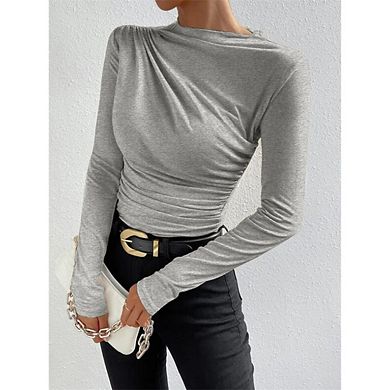 Women's Ruched Long Sleeve Shirts Mock Neck Fitted T Shirts Solid Color Basic Tops
